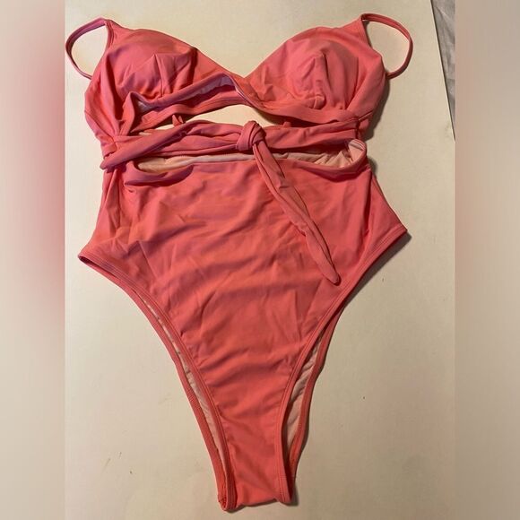 CUPSHE One Piece Swimsuit bathing suit hi rise cheeky hi cut out ties pink XL - Picture 2 of 11